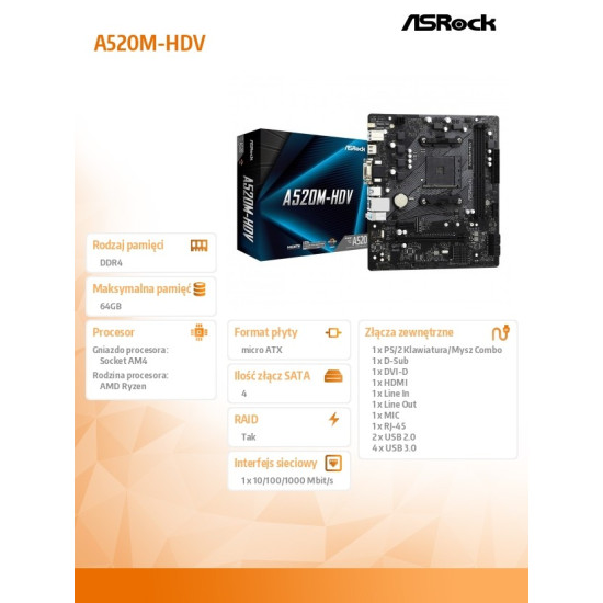 Płyta główna A520M-HDV AM4 2DDR4 HDMI/DVI/VGA M.2 mATX 