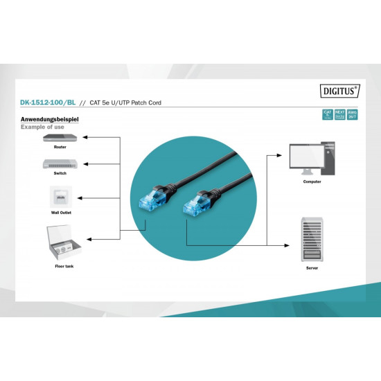 Patch cord U/UTP kat.5e PVC 10m Czarny 