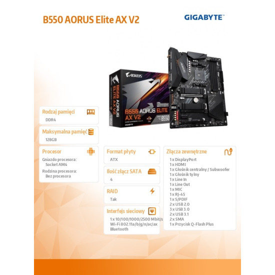 Płyta główna B550 AORUS ELITE AX V2 AM4 4DDR4 HDMI/DP M.2 ATX 