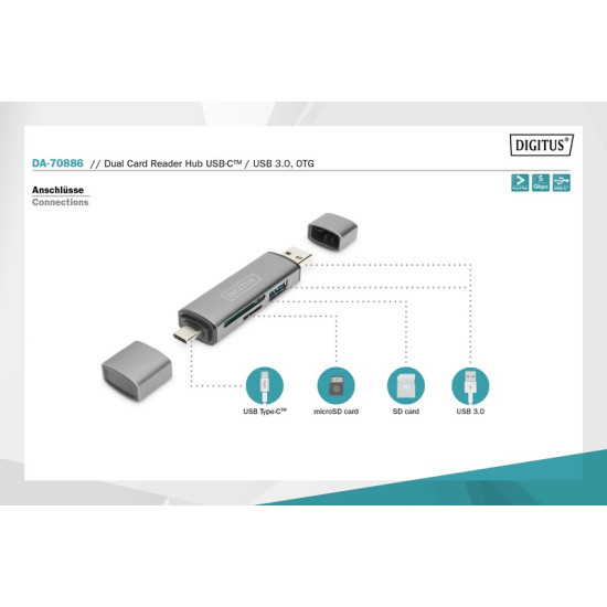 Czytnik kart 3-portowy USB Typ C/ USB 3.0 SuperSpeed SD Micro SD HQ aluminium Szary