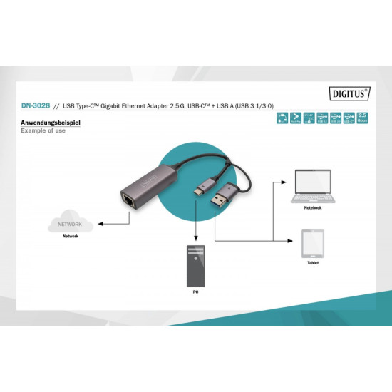 Karta sieciowa przewodowa USB 3.1 Typ C + USB A do 1x RJ45 2.5 Gigabit Ethernet 10/100/1000/2500Mbps