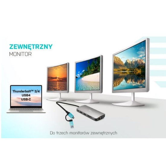 Stacja dokująca USB 3.0/USB-C/Thunderbolt 3x Display Metal Nano Dock LAN +Power Delivery 100W 