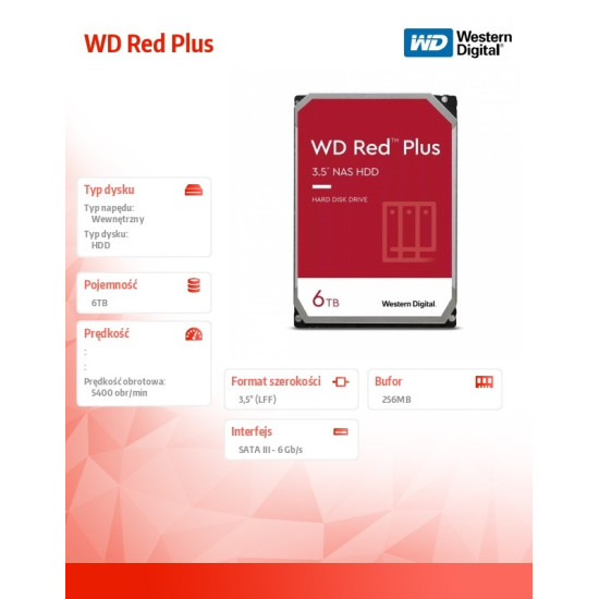 Dysk 3,5 cala WD Red Plus 6TB CMR 256MB/5400RPM
