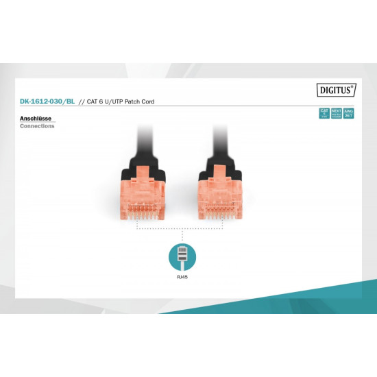 Patch cord U/UTP kat.6 PVC 3m Czarny