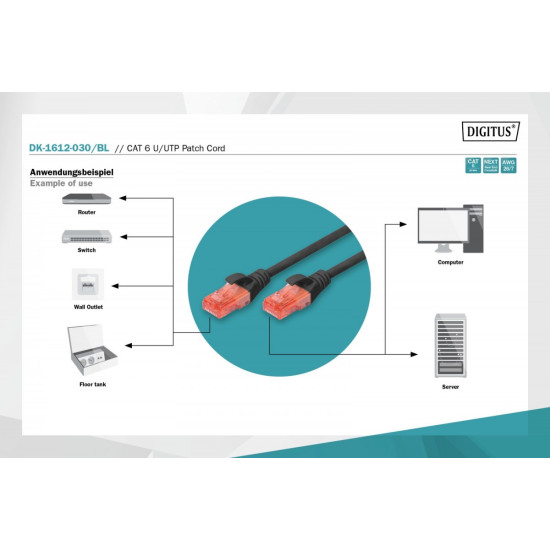 Patch cord U/UTP kat.6 PVC 3m Czarny