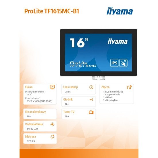 Monitor 15.6 cala TF1615MC-B1 IPS,pojemnościowa 10 punktów,450cd/m2,IP65,7H,HDMI,DP,VGA 