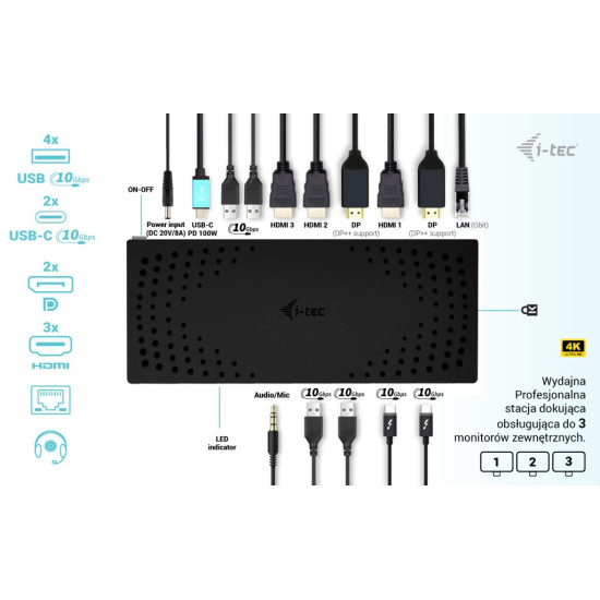 Stacja dokująca USB 3.0 / USB-C / Thunderbolt, 3 x 4K Gen 2 + zasilanie 100 W