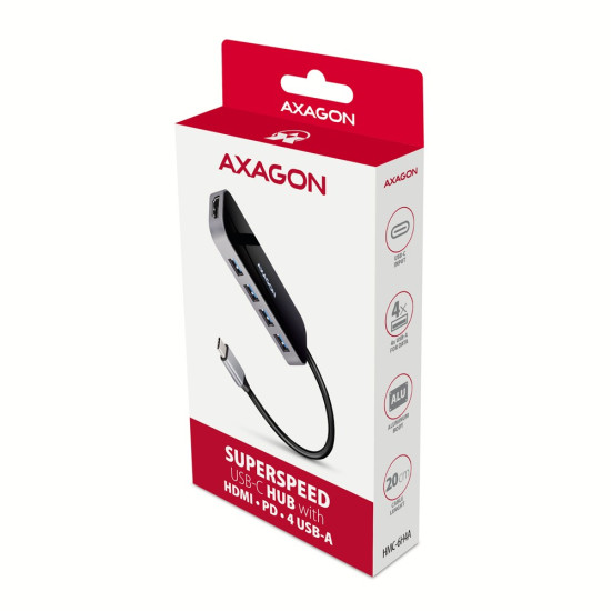 HMC-6H4A Wieloportowy hub 4x USB-A + HDMI, USB-C 3.2 Gen 1, PD 100W, 20cm USB-C kabel