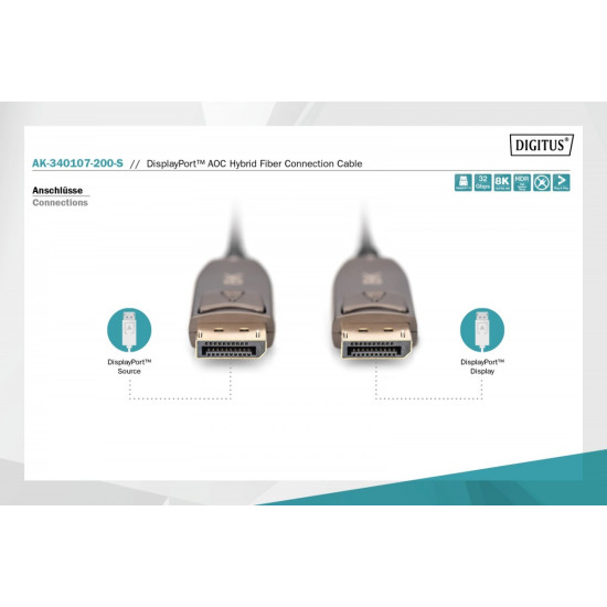 Kabel połączeniowy hybrydowy AOC DisplayPort 1.4 8K/60Hz UHD DP/DP M/M 20m Czarny