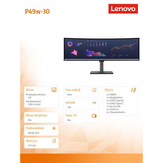 Monitor 49.0 cali ThinkVision P49w-30 WLED 63DBRAT1EU 