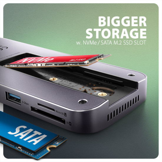 HMC-12GM2 hub USB 12 in1 10Gbps, 3x USB-A, USB-C, HDMI, DP,  RJ-45, M.2, SD/mSD, audio, PD