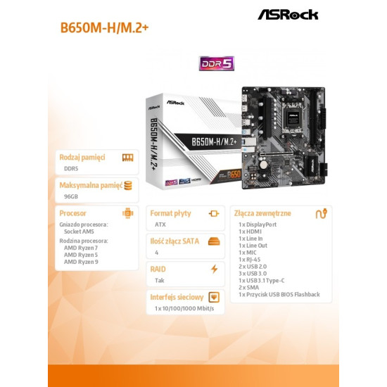 Płyta główna B650M-H/M.2 + AM5 2DDR5 HDMI/DP mATX 