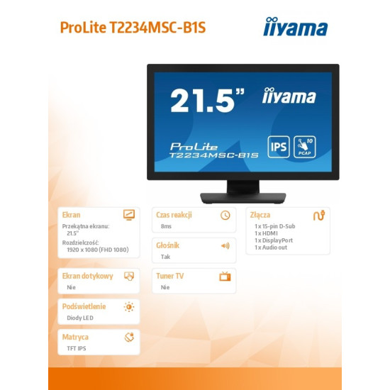 Monitor ProLite 21.5 cala T2234MSC-B1S IPS,10PKT.VGA,HDMI,DP 