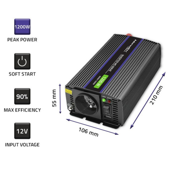 Przetwornica napięcia Monolith 1200 MS Wave | 12V na 230V |      600/1200W | USB 