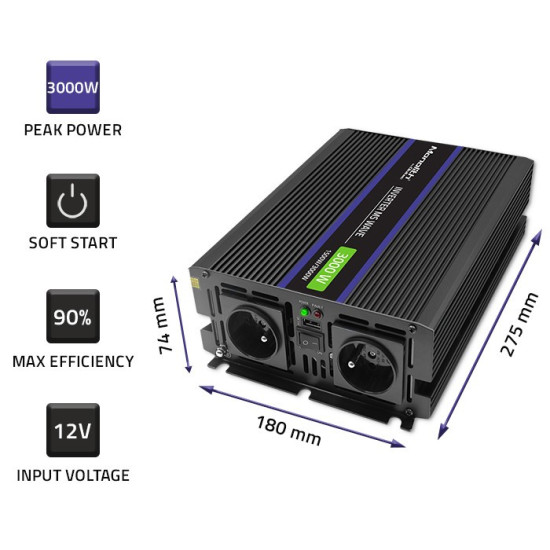Przetwornica napięcia Monolith 3000 MS Wave | 12V na 230V |      1500/3000W | USB 
