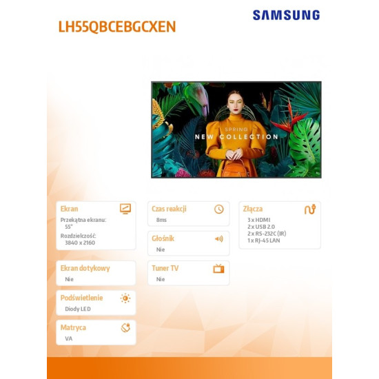 Monitor profesjonalny QB55C 55 cali Błyszczący 16h/7 350(cd/m2) 3840x2160 (UHD) S10 Player (Tizen 7, VXT Ready) WiFi/BT 3 lata OnSite (LH55QBCEBGCXEN)