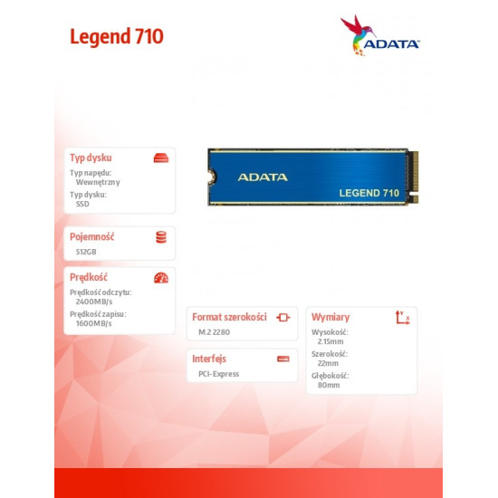 Dysk SSD LEGEND 710 512GB PCIe 3x4 2.4/1.6 GB/s M2