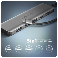 Hub HMC-5H USB-C 3.2 Gen 1 hub, 3x USB-A, 4K HDMI, PD 100W, 100cm USB-C kabel