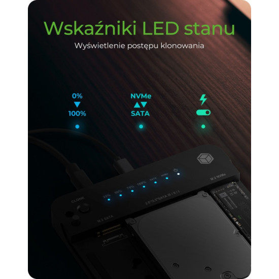 Stacja dokująca/klonująca IB-2915MSCL-C31 M.2 dla M.2 0NVMe i SATA 2,5/3,5 SSD/HDD 