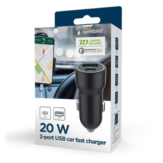 Ładowarka samochodowa USB-A/USB-C 20W PD czarna