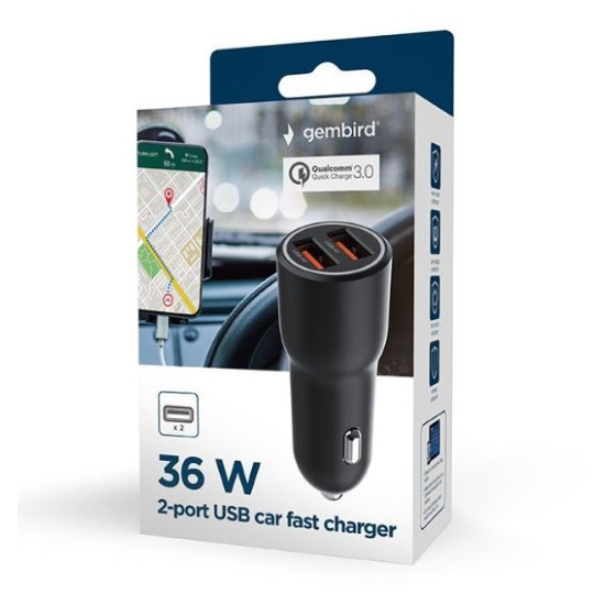 Ładowarka samochodowa 2xUSB-A QC3.0 36W czarna 