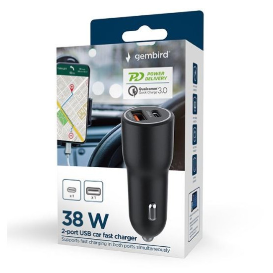 Ładowarka samochodowa USB-A/USB-C 38W PD czarna
