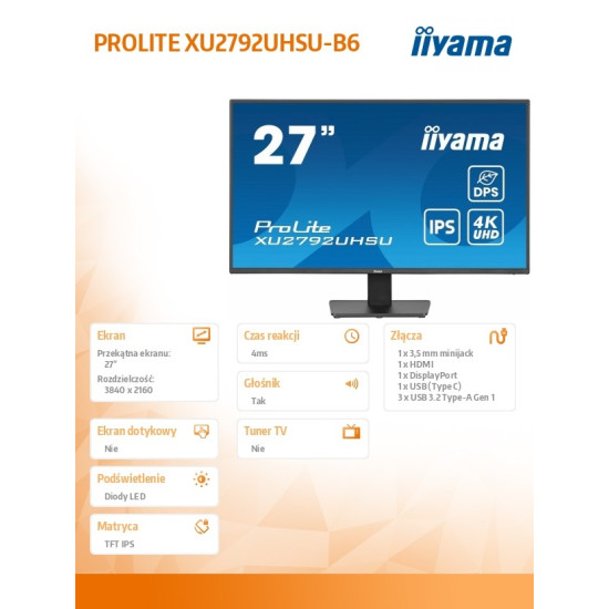 Monitor 27 cali XU2792UHSU-B6 4K,IPS,DP,HDMI,USB-C Power delivery, 350 cd, DPS 