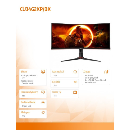 Monitor zakrzywiony CU34G2XP 34 cale VA 180Hz HDMIx2 DPx2