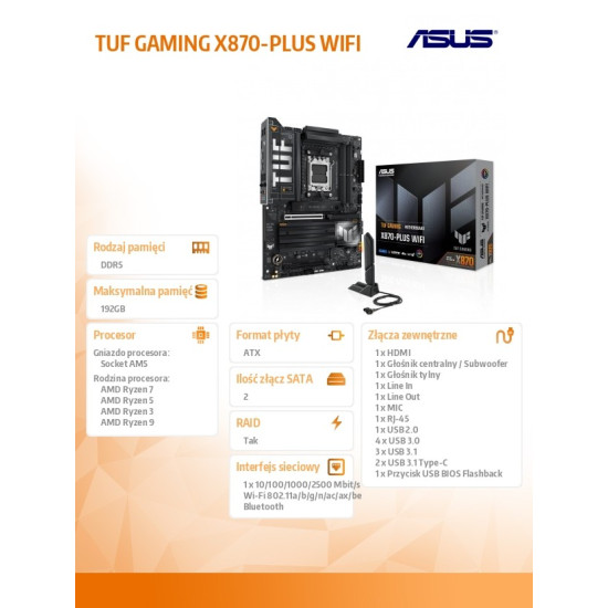 Płyta główna TUF GAMING X870-PLUS WIFI AM5 4DDR5 HDMI/USB-C 