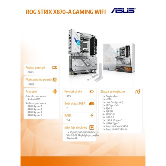 Płyta główna ROG STRIX X870-A GAMING WIFI AM5 4DDR5 HDMI/USBC 