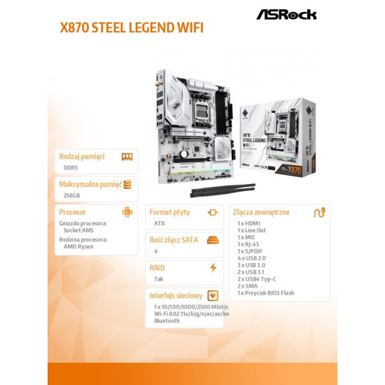Płyta główna X870 STEEL LEGEND WIFI AM5 4DDR5 M.2 ATX 