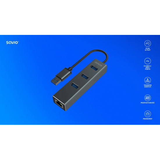 Hub AK-58 3-portowy USB-A 3.1 Gen 1 z adapterem RJ-45 Gigabit Ethernet, Ak-58