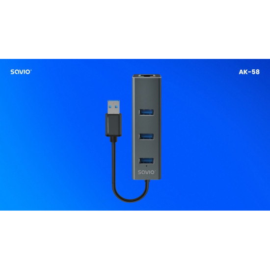 Hub AK-58 3-portowy USB-A 3.1 Gen 1 z adapterem RJ-45 Gigabit Ethernet, Ak-58