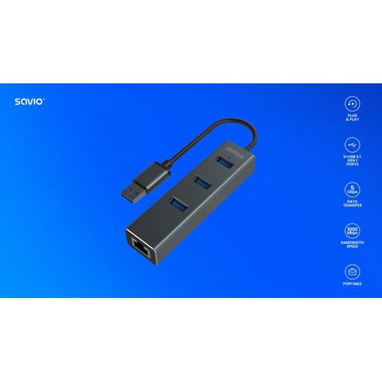 Hub AK-58 3-portowy USB-A 3.1 Gen 1 z adapterem RJ-45 Gigabit Ethernet, Ak-58