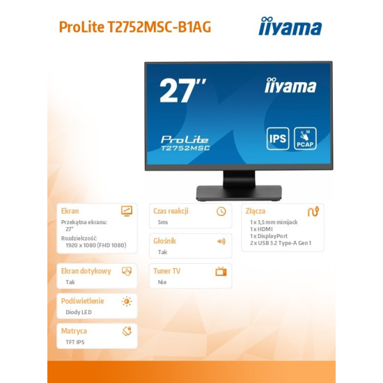 Monitor 27 cali T2752MSC-B1AG 10 PKT. POJ,IPS,HDMI,DP,2x1W,7H,2xUSB, 400cd/m2,AG-(Anti Glare) 