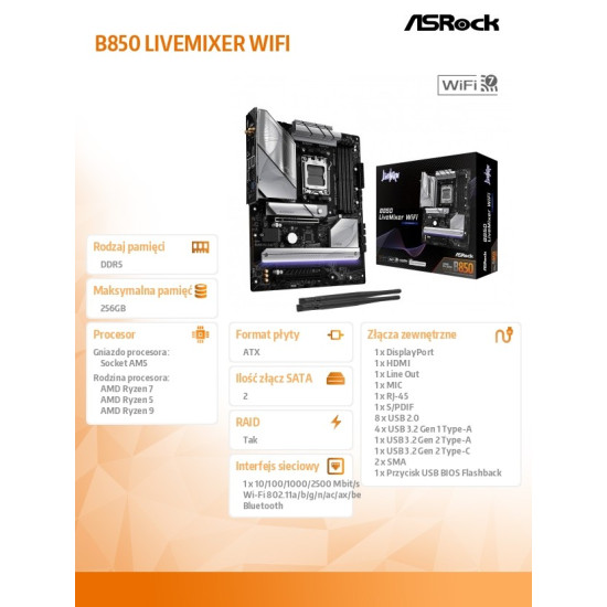 Płyta główna B850 LIVEMIXER WIFI AM5 4DDR5 USB3.2 ATX