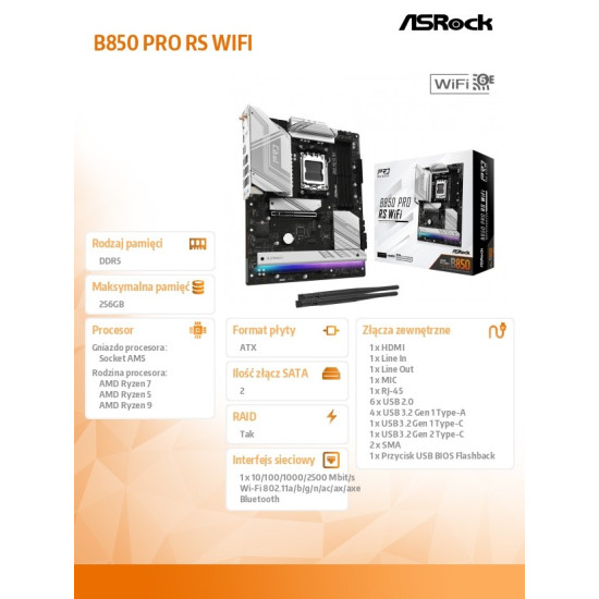 Płyta główna B850 PRO RS WIFI AM5 4DDR5 ATX
