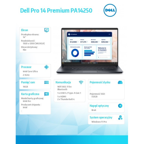 Laptop Dell Pro 14 Premium PA14250 W11P Ultra 5 236V/16GB/512GB CL35/14.0 FHD+ 400nit/Arc/FgrPr/Cams&Mic/WLAN+BT/BcklKb/3C/vPro/3YPS Magnesium