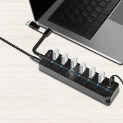 HUB USB3.2 Gen1, 7x USB-A, 7xON/OFF, czarny 