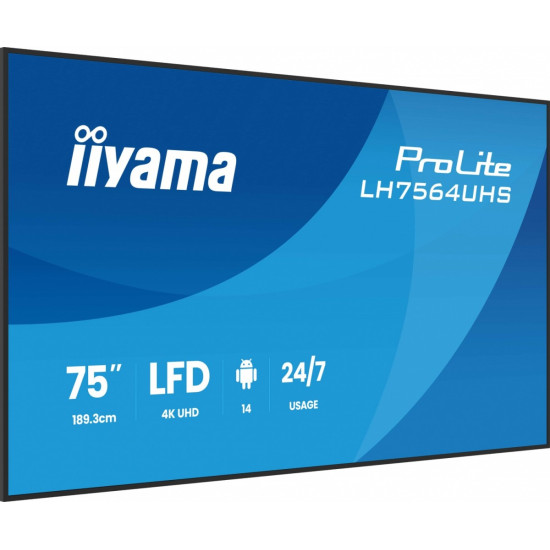 Monitor 75 cali LH7564UHS-B1AG, 24/7,VA,ANDROID14,4K,500cd,5000:1, 2xHDMI ,USB-C,RJ45, RS-232c, IR, 2x10W, 2xUSB, UCHWYT ŚCIENNY,iiSignage2,WiFi,Fa