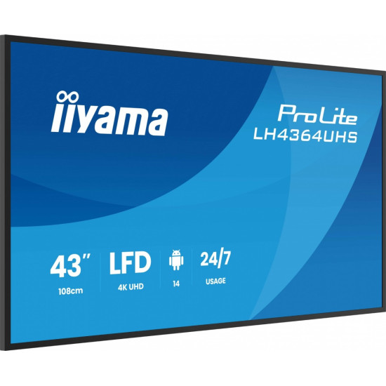 Monitor 43 cale LH4364UHS-B1AG 24/7,VA,ANDROID14,4K,500cd,4000:1,2xHDMI,USB-C,RJ45, RS-232c, IR, 2x10W, 2xUSB, UCHWYT ŚCIENNY 