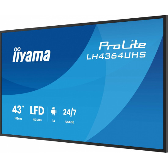 Monitor 43 cale LH4364UHS-B1AG 24/7,VA,ANDROID14,4K,500cd,4000:1,2xHDMI,USB-C,RJ45, RS-232c, IR, 2x10W, 2xUSB, UCHWYT ŚCIENNY 