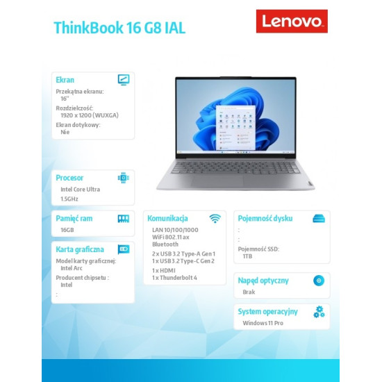 Notebook ThinkBook 16 G8 21SK008NPB W11Pro Ultra 7 255H/16GB/1TB/INT/16.0 WUXGA/Luna Grey/3YRS OS + CO2 Offset 