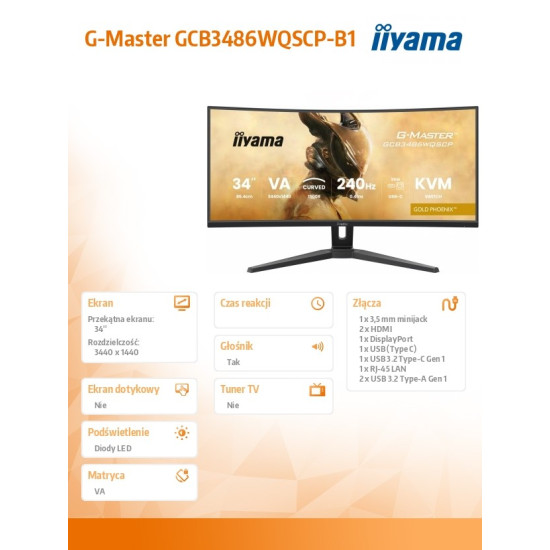 Monitor G-Master 34 cale GCB3486WQSCP-B1,VA,UWQHD,240HZ,1500R,500cd,21:9, USB-C dock 95W, RJ45, 2x5W