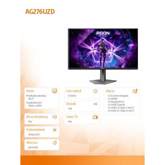 Monitor 26.5 cala AG276UZD 4K QD-OLED 240Hz HDMIx2 DP USB-C Pivot