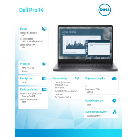 Laptop Dell Pro 14 PC14255/AMD Ryzen 5 220/16GB/256GB CL35/14.0 FHD+/Radeon 740M/FgrPr/Cam & Mic/WLAN + BT/Backlit Kb/3 Cell/W11Pro