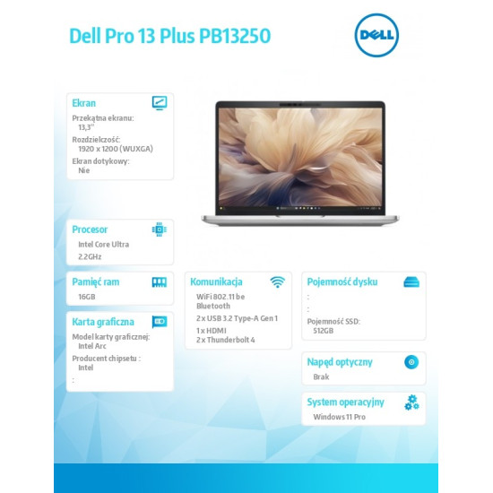 Laptop Dell Pro 13 Plus PB13250 W11P Ultra 7 266V/16GB/512GB CL25/13.3 FHD+/Arc/FgrPr&SmtCd/FHD/IRCam/Mic/WLAN only+BT/BcklKb/3C/vPro/3YPS Silver