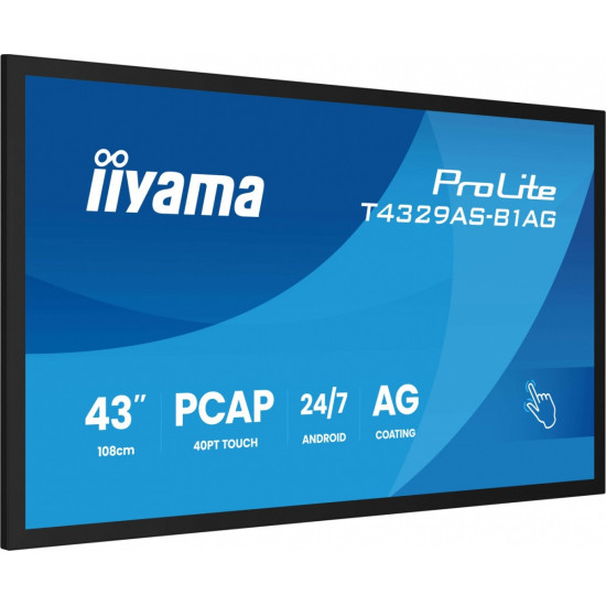 Monitor 43 cale T4329AS-B1AG VA,4K,HDMIx2,USB-C,RJ45,2x10W,WiFi, Android 14, Signal FailOver, Whiteboard, iiSignage (CMS), iiControl (DMS), iiS