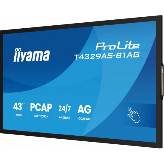 Monitor 43 cale T4329AS-B1AG VA,4K,HDMIx2,USB-C,RJ45,2x10W,WiFi, Android 14, Signal FailOver, Whiteboard, iiSignage (CMS), iiControl (DMS), iiS