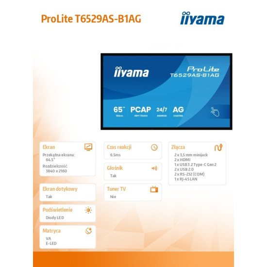 Monitor 65 cali T6529AS-B1AG VA,4K,HDMIx2,USB-C,RJ45,2x10W,WiFi, Android 14, Signal FailOver, Whiteboard, iiSignage2 (CMS), iiControl (DMS), iiS